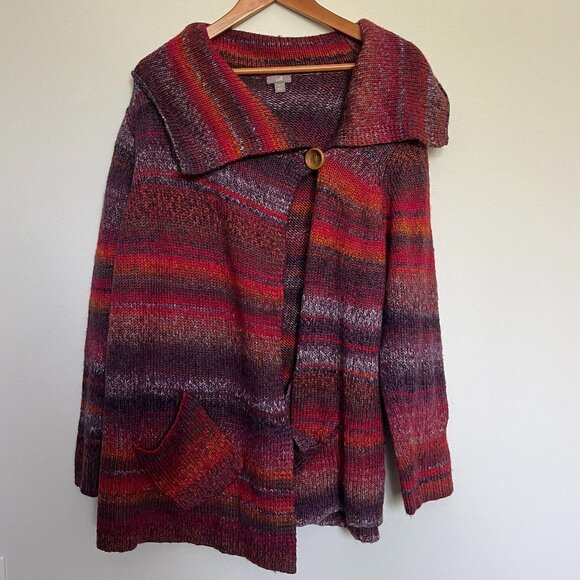 J. Jill Sweaters - J. Jill Wool Blend Rainbow Striped 1 Button Poncho Wrap Sweater Cowl Neck XL